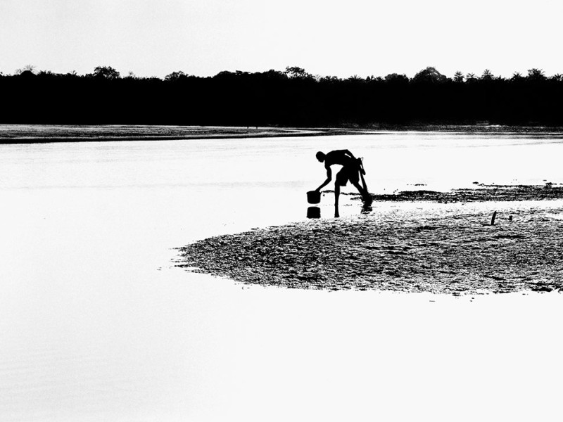 Guinea-Bissau, São Domingos, 2005. A fisherman washes his catch in the River Cacheu at sunset.